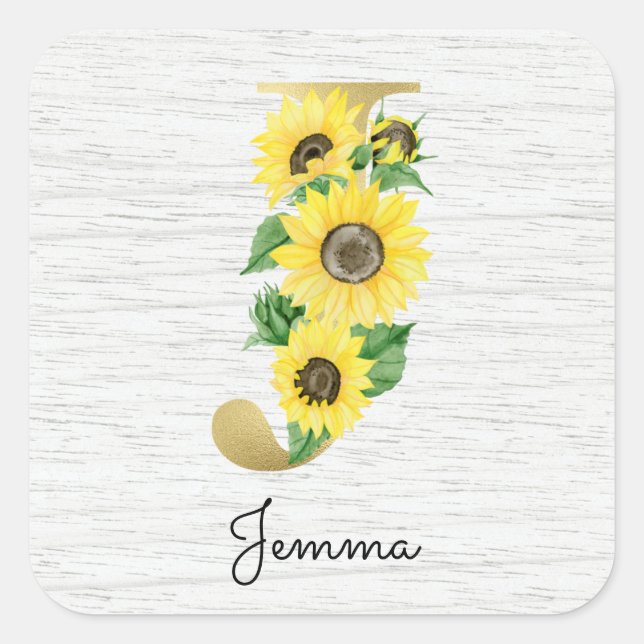 Sticker Carré Monogramme Gold Sunflower Girl Floral Initial J (Devant)