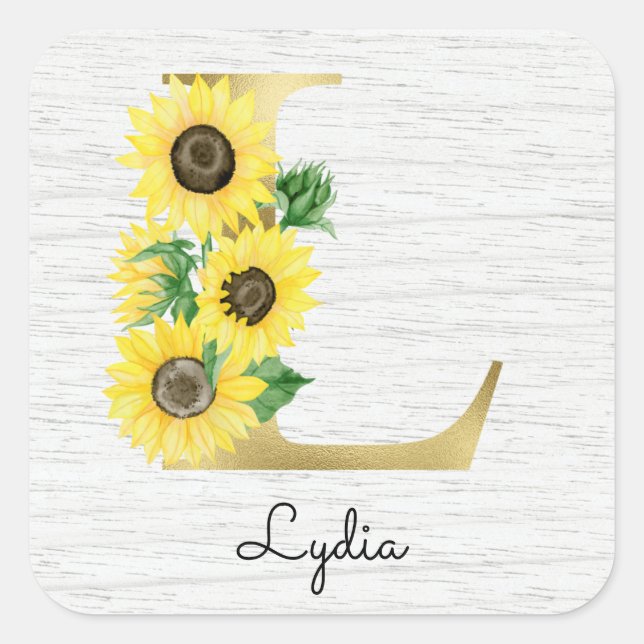 Sticker Carré Monogramme Gold Sunflower Girl Floral Initial L (Devant)