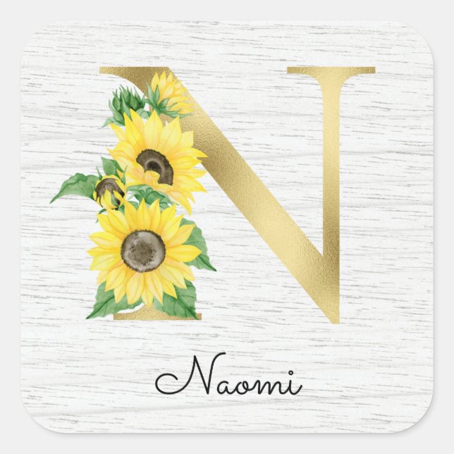 Sticker Carré Monogramme Gold Sunflower Girl Floral Initial N (Devant)