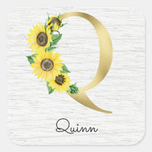 Sticker Carré Monogramme Gold Sunflower Girl Floral initial Q
