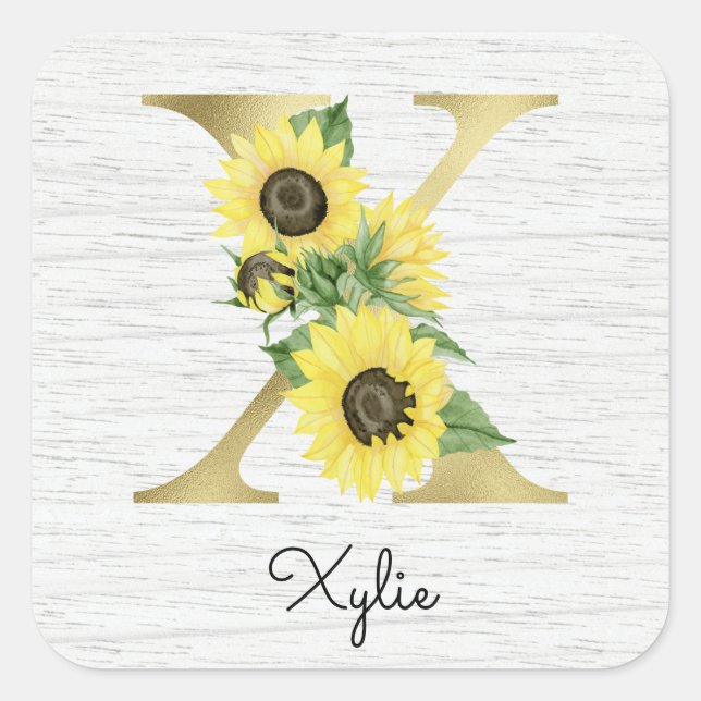 Sticker Carré Monogramme Gold Sunflower Girl Floral Initial X (Devant)