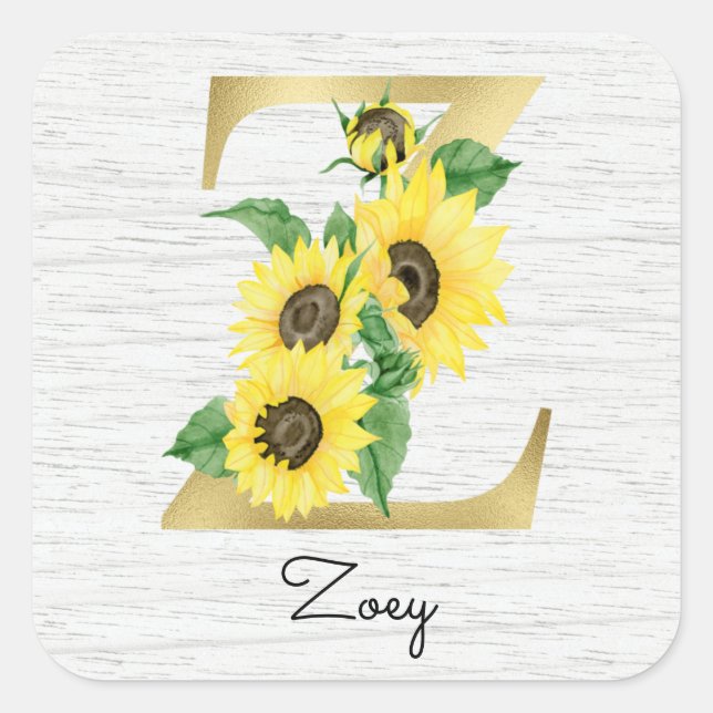 Sticker Carré Monogramme Gold Sunflower Girl Floral Initial Z (Devant)