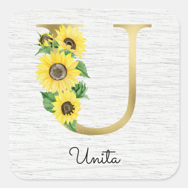 Sticker Carré Monogramme Gold Sunflower Girl Floral U initial (Devant)