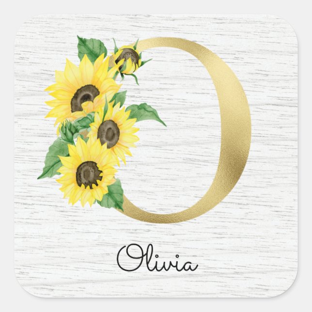 Sticker Carré Monogramme Gold tournesol Girl Floral Initiale O (Devant)