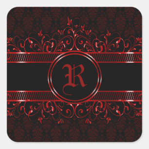 Sticker Carré Monogramme gothique orné noir et rouge