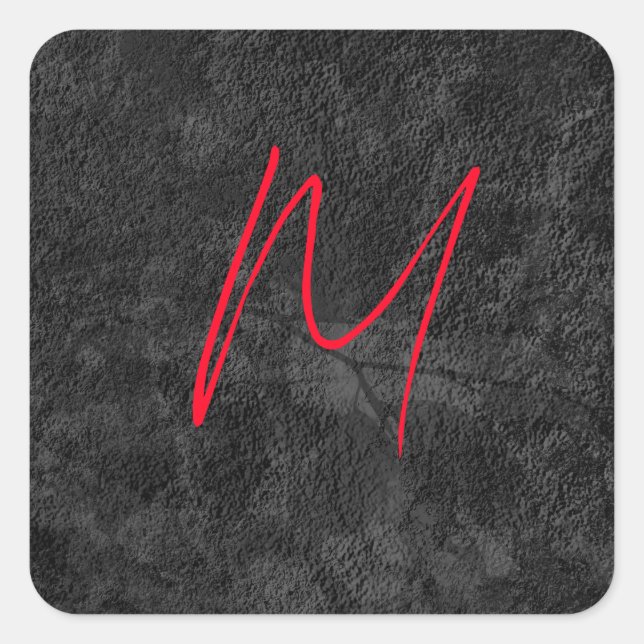 Sticker Carré monogramme gris unique nom rouge calligraphie init (Devant)