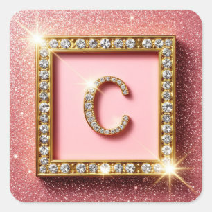 Sticker Carré Monogramme initial C diamant pailleté rose cadre o