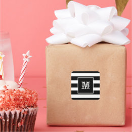 Sticker Carré Monogramme Initial Chic Élégant Cool Rayures Noir 