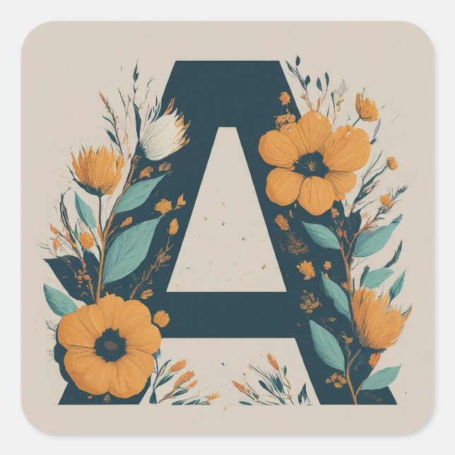 Sticker Carré Monogramme initial floral A (Devant)