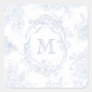 Sticker Carré Monogramme initial Floral Toile bleu Mariage
