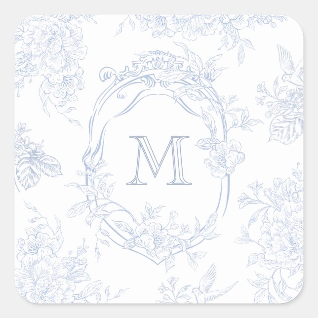 Sticker Carré Monogramme initial Floral Toile bleu Mariage (Devant)