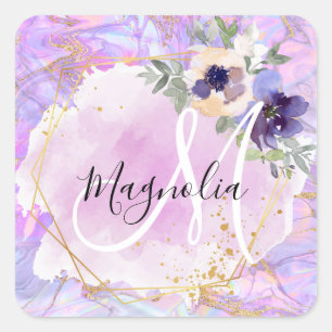 Sticker Carré Monogramme Marbré Arc-en-ciel Violet, Rose & Or