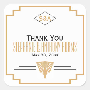 Sticker Carré Monogramme Mariage Art déco noir, or et blanc