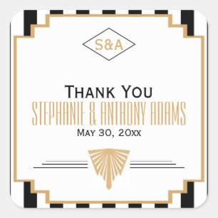 Sticker Carré Monogramme Mariage Art déco noir, or et blanc