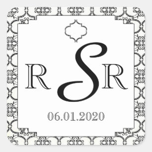 Sticker Carré Monogramme Mariage damassé noir et blanc