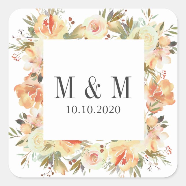 Sticker Carré Monogramme Mariage de cadre botanique Dream Peach (Devant)