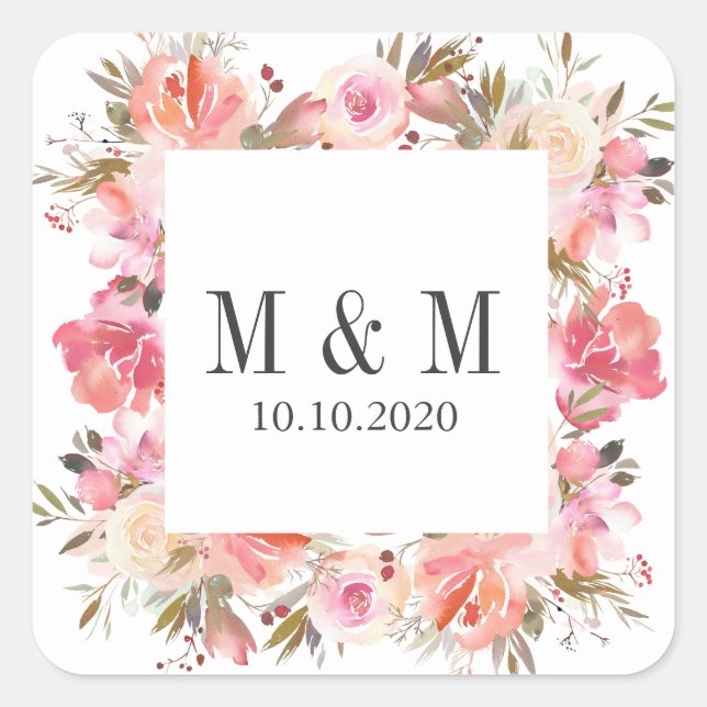 Sticker Carré Monogramme Mariage de cadre Botanique Rose Dream (Devant)