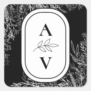 Sticker Carré Monogramme Mariage de verdure noir et blanc