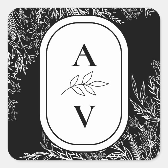 Sticker Carré Monogramme Mariage de verdure noir et blanc (Devant)
