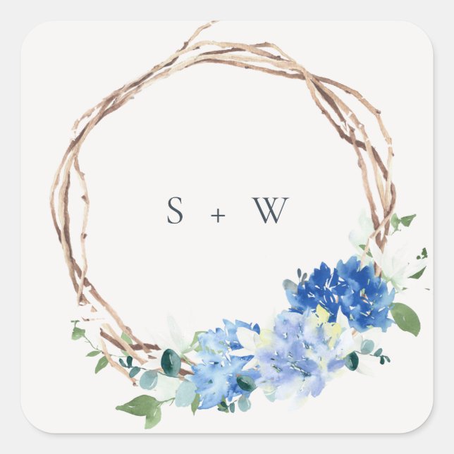 Sticker Carré Monogramme Mariage en bois floral bleu vif (Devant)