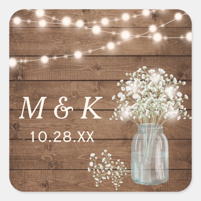 Sticker Carré Monogramme Mariage floral Rustique Wood Baby's Bre (Devant)