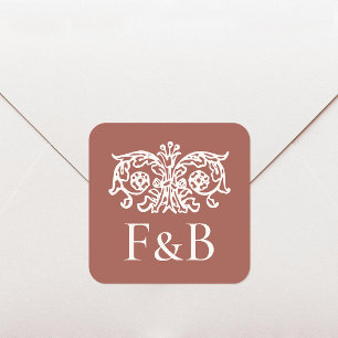Sticker Carré Monogramme Mariage Orné Floral Terracotta