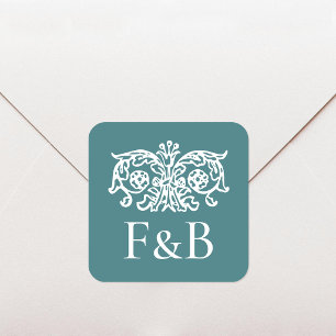 Sticker Carré Monogramme Mariage Orné Floral Vert sarcelle