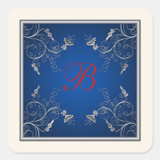 Sticker Carré Monogramme Marine, Ivoire, Rouge, Sticule floral a (Devant)