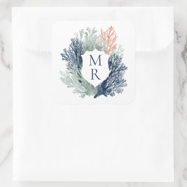 Sticker Carré Monogramme nautique Ocean Beach Marine Mariage (Sac)