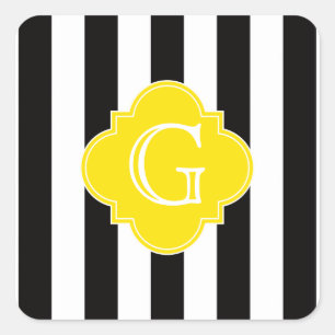 Sticker Carré Monogramme noir blanc rayé jaune quadrefoil