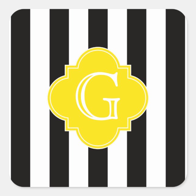 Sticker Carré Monogramme noir blanc rayé jaune quadrefoil (Devant)