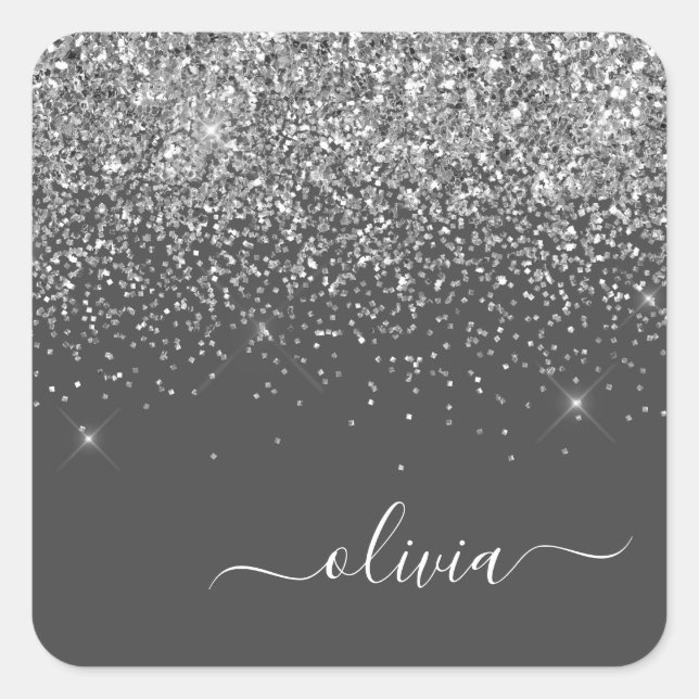 Sticker Carré Monogramme Nom Paillettes Étincelles Fille Gris Ar (Devant)