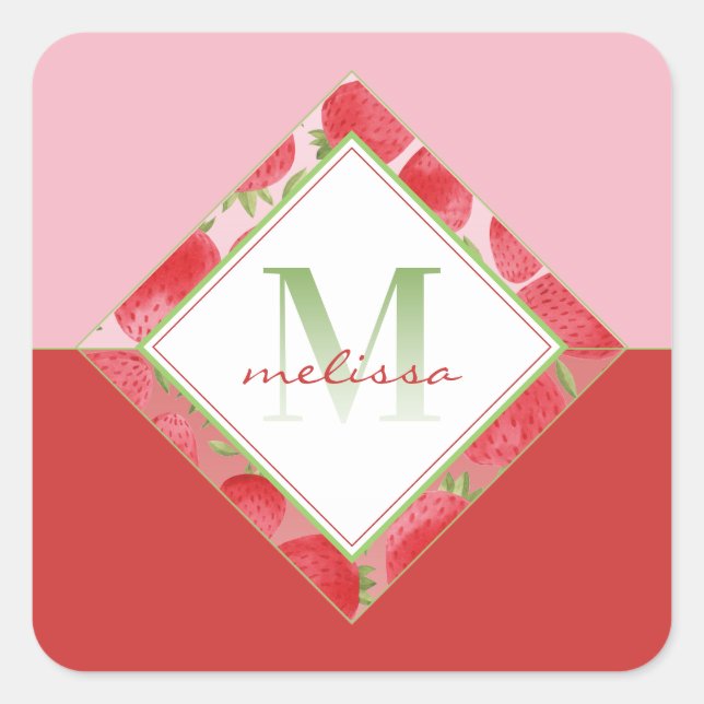 Sticker Carré Monogramme Ombre + fraise rouge et vert + rose (Devant)
