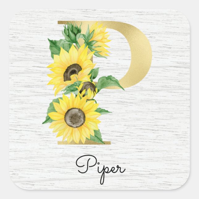 Sticker Carré Monogramme Or Fille de tournesol floral initial P (Devant)