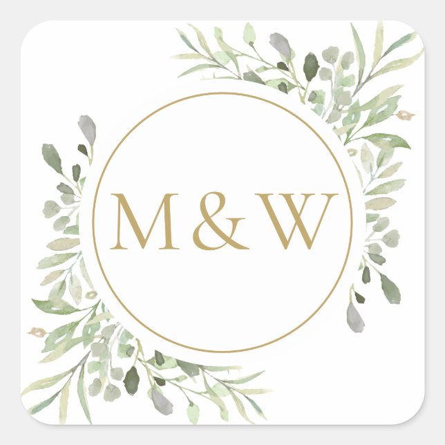 Sticker Carré Monogramme Or Initiales Verdure Aquarelle Foliage (Devant)