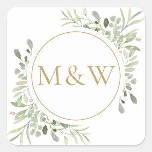 Sticker Carré Monogramme Or Initiales Verdure Aquarelle Foliage