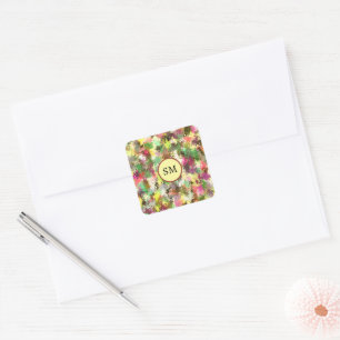 Sticker Carré Monogramme Paint Splatter Automne Feuilles Abstrai