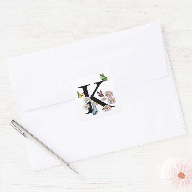 Sticker Carré Monogramme papillon aquarelle lettre K floral (Enveloppe)