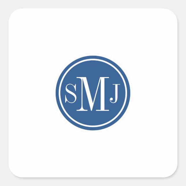 Sticker Carré Monogramme personnalisé et bleu classique (Devant)