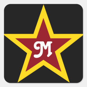 Sticker Carré Monogramme personnalisé simple rouge et étoile jau