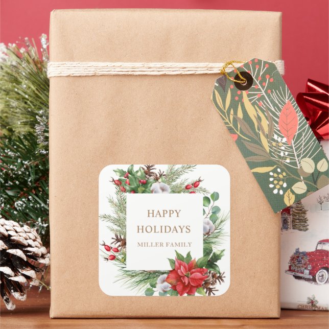 Sticker Carré Monogramme Poinsettia des baies rouges (vacances)