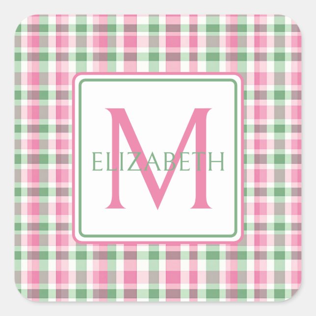 Sticker Carré Monogramme rose et vert preppy (Devant)