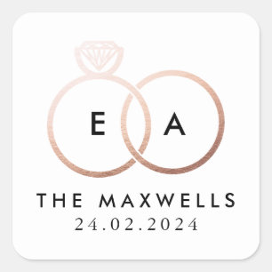 Sticker Carré Monogramme rose Mariage d'or Nom et date