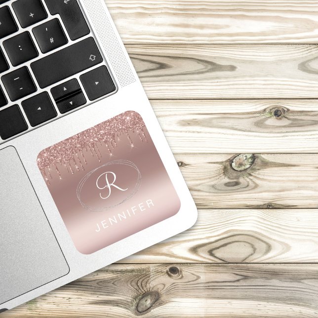 Sticker Carré Monogramme rose or et Parties scintillant argent (Créateur téléchargé)