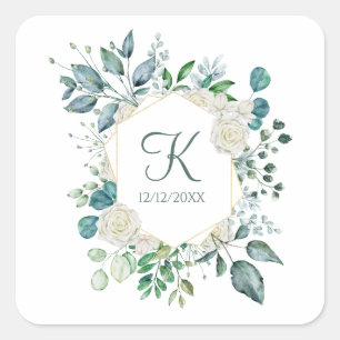 Sticker Carré Monogramme Roses blanches Verdure Eucalyptus Maria