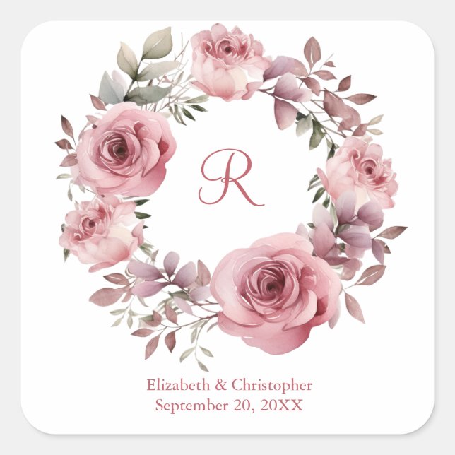 Sticker Carré Monogramme Roses roses roses vertes Aquarelle Mari (Devant)