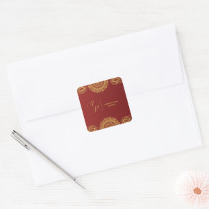 Sticker Carré Monogramme Rouge or Mandala Mariage indien Envelop