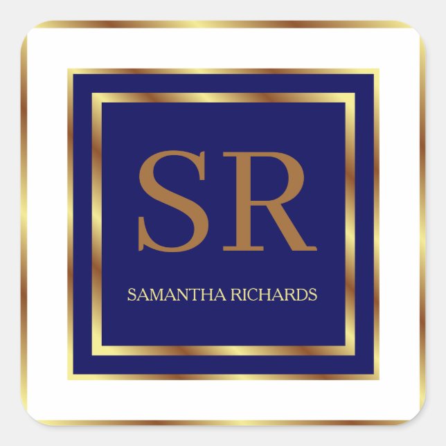 Sticker Carré Monogramme Royal bleu et or géométrique (Devant)