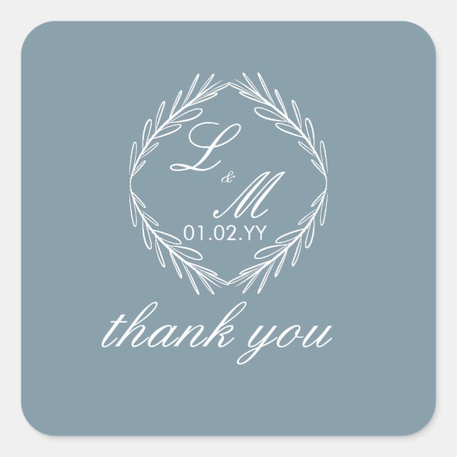 Sticker Carré Monogramme Script Branch Dusty Blue Mariage (Devant)