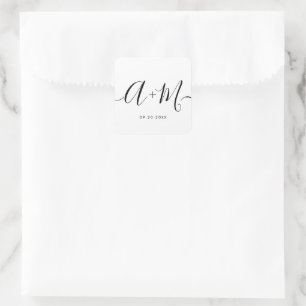 Sticker Carré Monogramme Script Mariage date Minimaliste personn